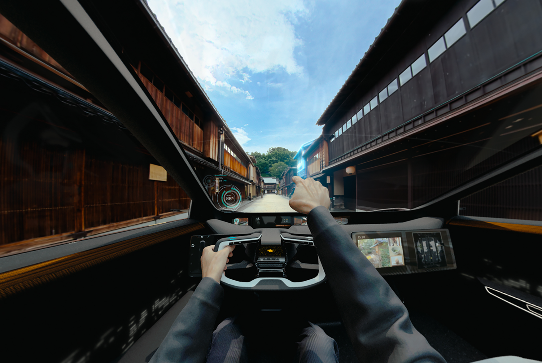 Driver interacting with augmented driving interface in connected vehicle navigating urban environment
