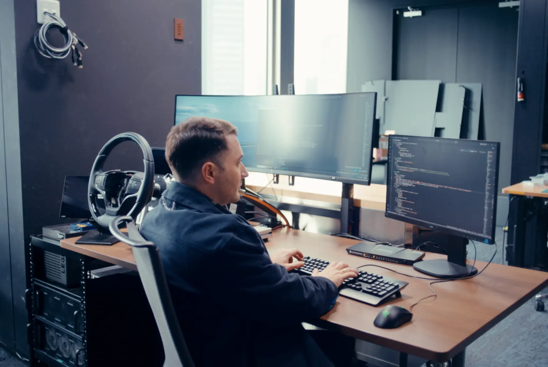 Employee developing software across multiple monitors in engineering workspace