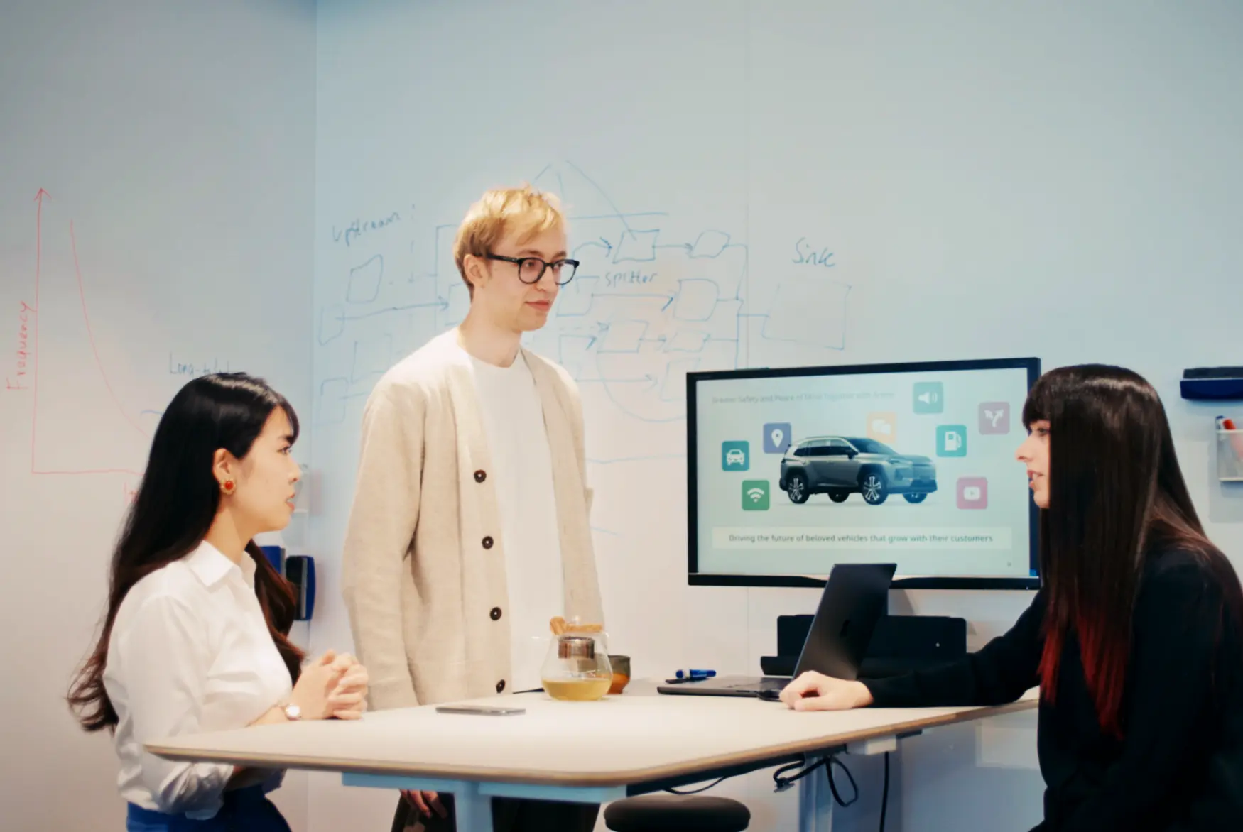 Employees reviewing vehicle interface concepts during team discussion